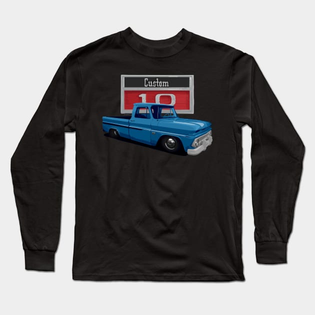 1966 Slammed Blue Chevy C10 Truck Long Sleeve T-Shirt by hotroddude